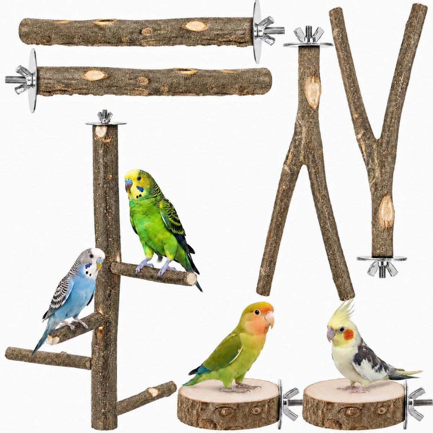 6 Pack Natural Wood Bird for Cage Perches Wooden Parrot Stand with Fork Toys Hanging Multi Branch Platform Hanging Grapevine Parrot Perch for Parakeets Budgies Pet Bird Accessories
