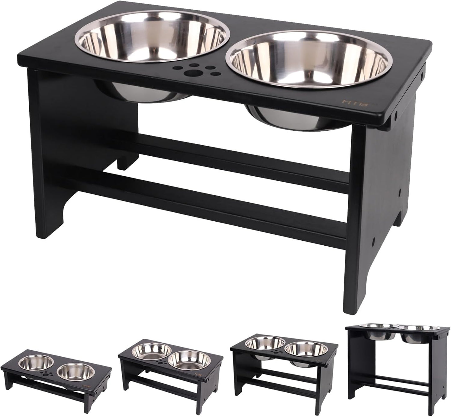 Elevated Dog Bowl Stand with 2 Stainless Steel Bowls-10 H Large Black | Raised Dog Bowl Stand, 10"Tall, 48 Oz Bowls, for Large Sized Dogs, Pet-Safe, Solid Bamboo