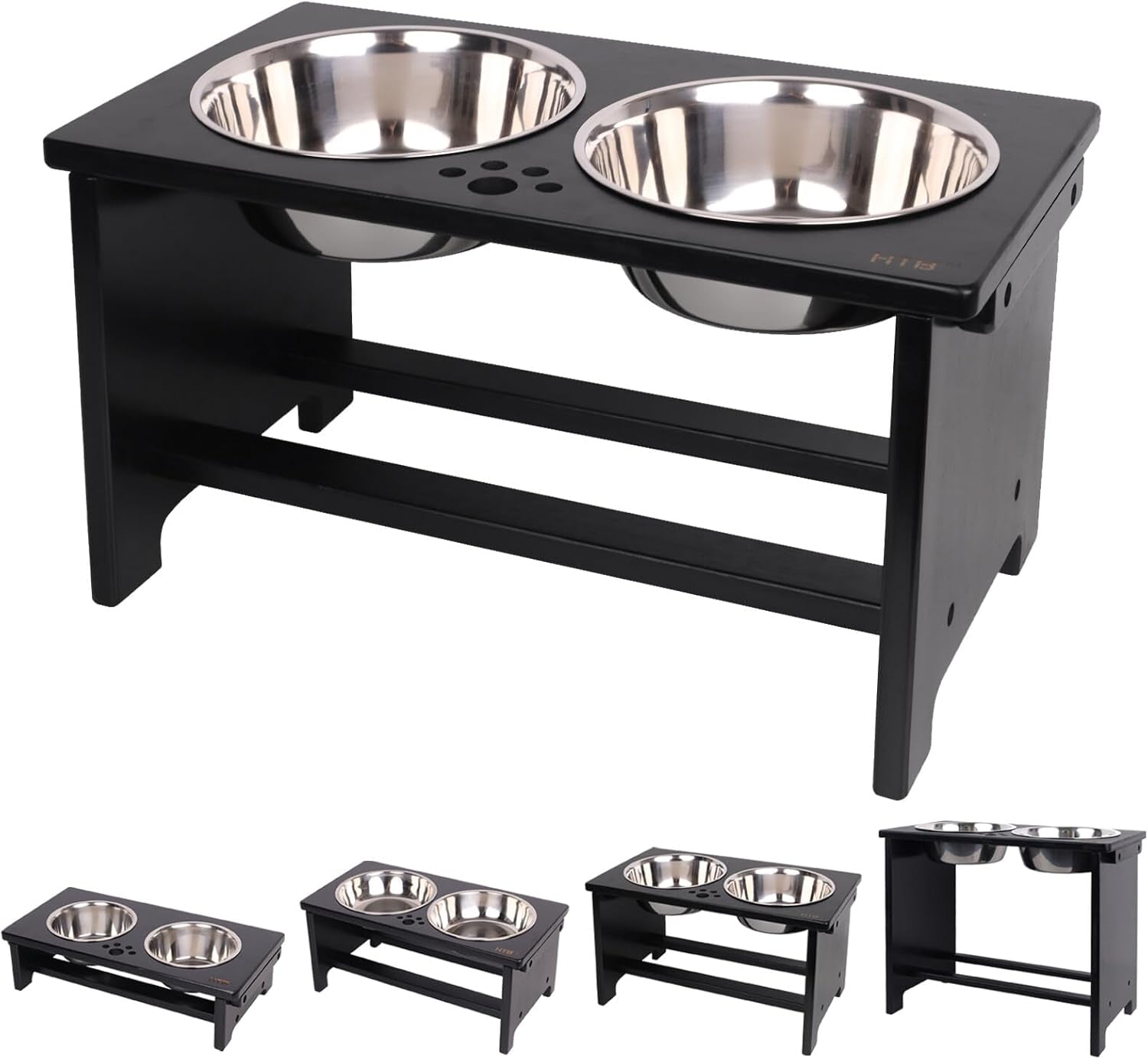 Elevated Dog Bowl Stand with 2 Stainless Steel Bowls-10 H Large Black | Raised Dog Bowl Stand, 10"Tall, 48 Oz Bowls, for Large Sized Dogs, Pet-Safe, Solid Bamboo