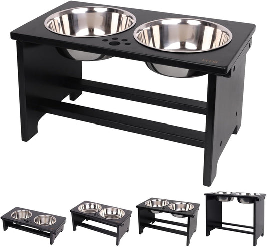 Elevated Dog Bowl Stand with 2 Stainless Steel Bowls-10 H Large Black | Raised Dog Bowl Stand, 10"Tall, 48 Oz Bowls, for Large Sized Dogs, Pet-Safe, Solid Bamboo