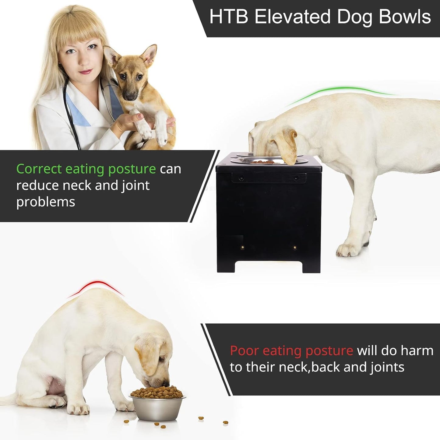 Elevated Dog Bowl Stand with 2 Stainless Steel Bowls-10 H Large Black | Raised Dog Bowl Stand, 10"Tall, 48 Oz Bowls, for Large Sized Dogs, Pet-Safe, Solid Bamboo