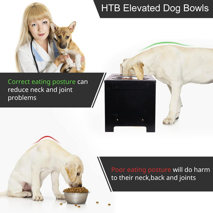 Elevated Dog Bowl Stand with 2 Stainless Steel Bowls-10 H Large Black | Raised Dog Bowl Stand, 10"Tall, 48 Oz Bowls, for Large Sized Dogs, Pet-Safe, Solid Bamboo