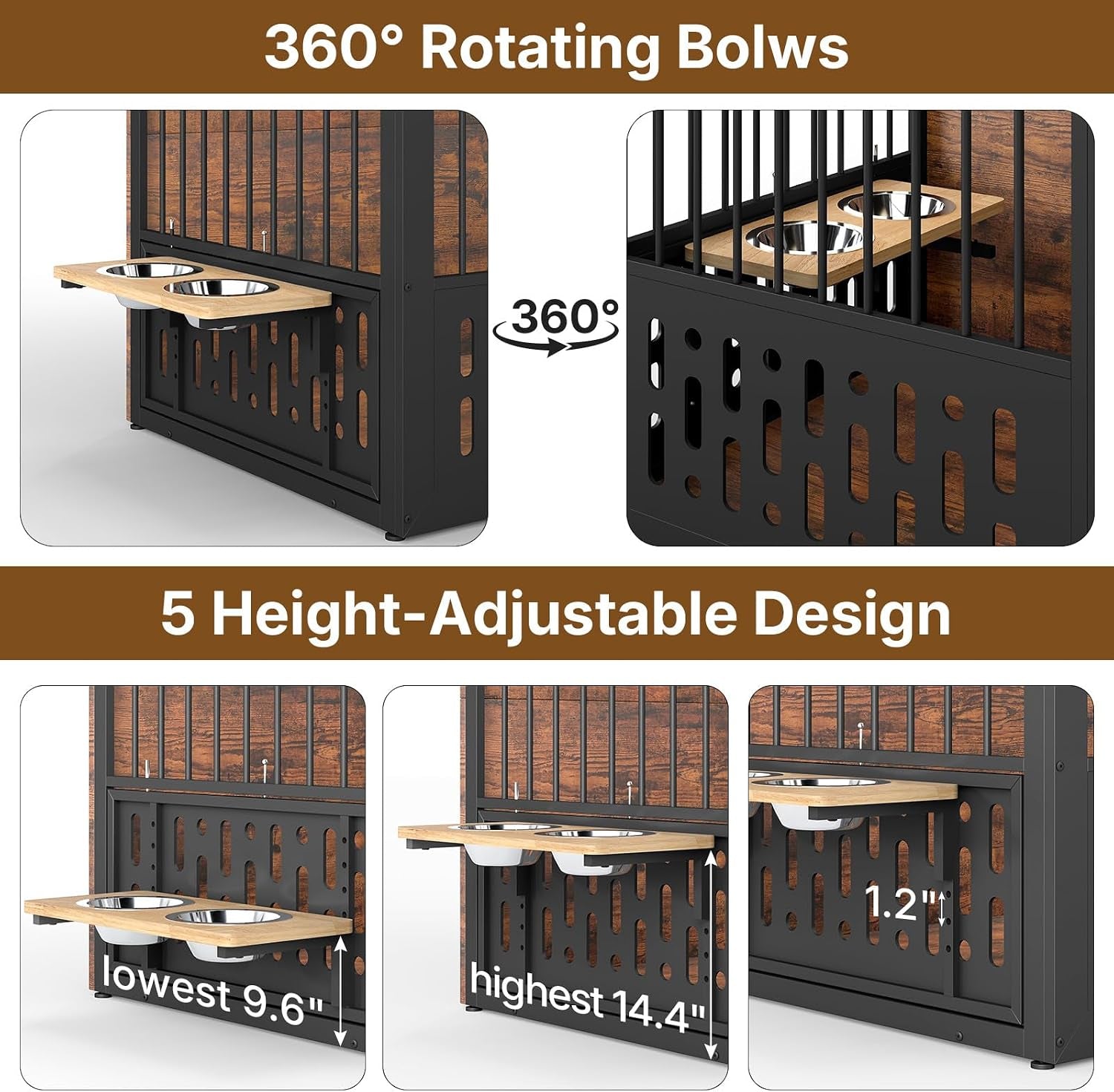 48 Inch Dog Crate Furniture, Wooden Dog Cage Furniture with Window and Adjustable Dogs Bowls 360° Rotatable, Heavy Duty XL Kennel Indoor as End Table, Brown