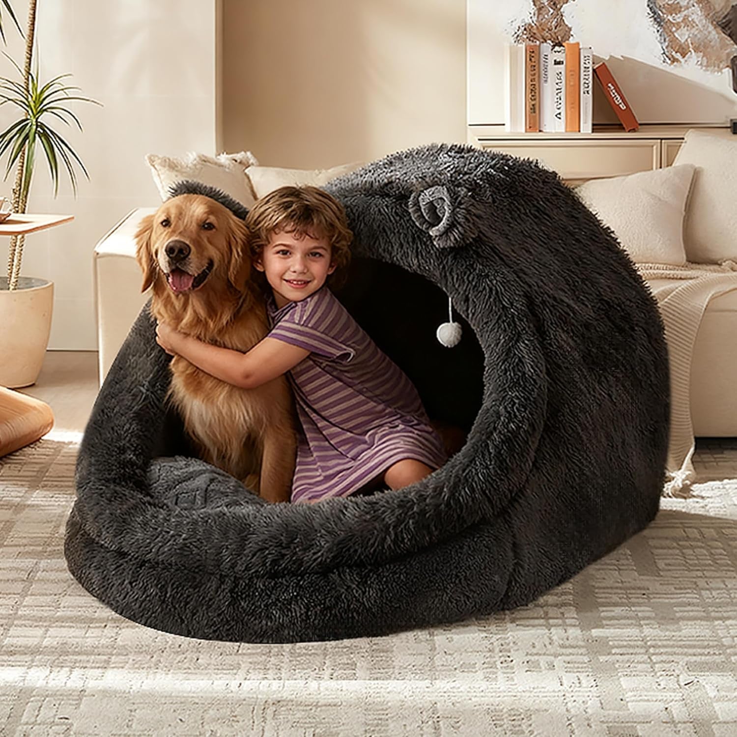 XXL Human Size Dog Bed 55"X43"X35" | Extra Large Human Size Pet Bed, Removable Pillow & Blanket Included, Machine Washable, Grey, for Adults & Pets