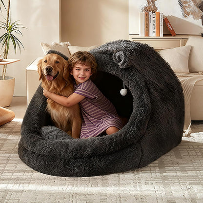 XXL Human Size Dog Bed 55"X43"X35" | Extra Large Human Size Pet Bed, Removable Pillow & Blanket Included, Machine Washable, Grey, for Adults & Pets