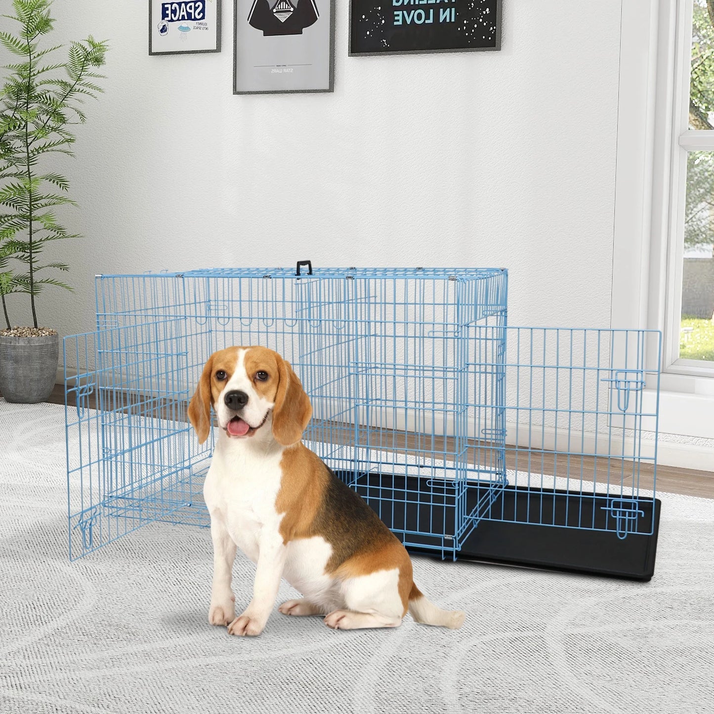 36 Inch Dog Crate, Dog Crates and Kennels for Big Dog Foldable Large Dog Crate for Large Dogs with Handle Double-Door Outdoor Metal Wire Dog Cage with Plastic Tray for Medium Dogs, Blue