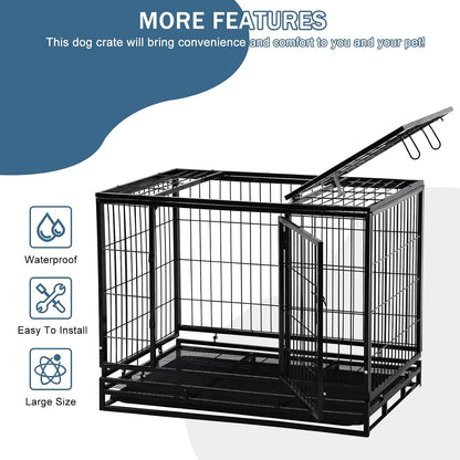 42'' Heavy Duty Dog Crate for Large Dogs Double Doors & Locks Design Escape Proof Strong Metal Dog Cage with Wheels, Indoor Large Dog Crate Heavy Duty Stackable Dog Kennel with Tray