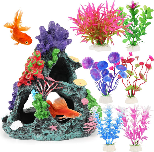 Fish Tank Plants, 7 Pieces Colorful Aquarium Plants and Coral Reef Set for Fish Tank Decoration, Mountain Cave Ornament for Betta, Goldfish to Breed, Play and Rest