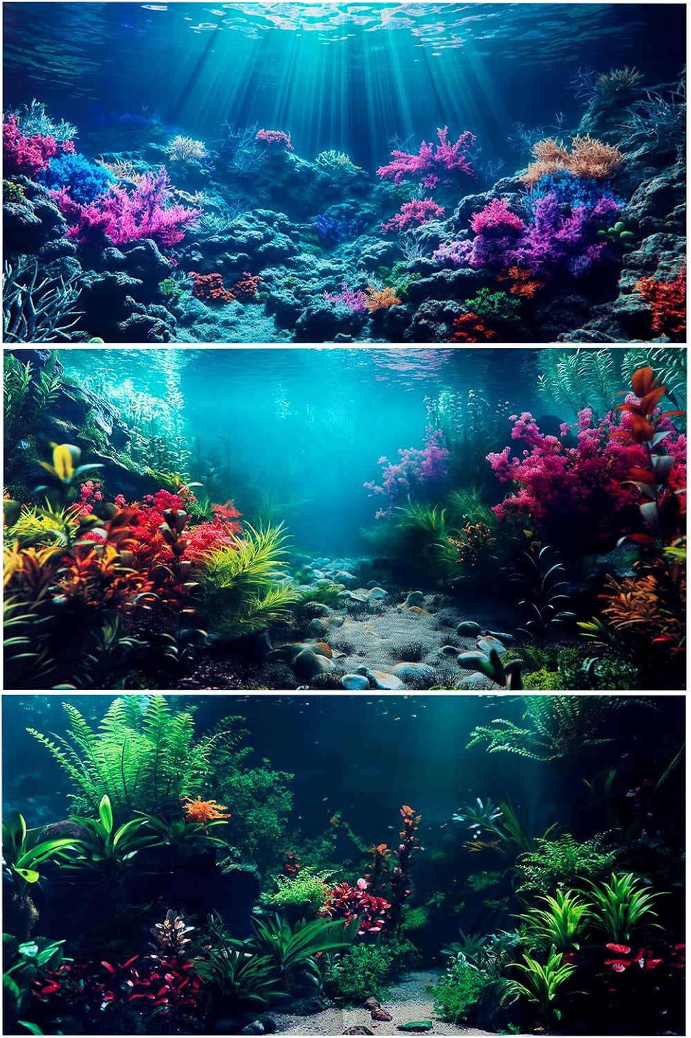 3 Pack Aquarium Background, 48X18 Inch Polyester Aquarium Background | Cloth Fish Tank Background, Undersea Corals Sunshines & Rock Aquatic Plants, Backgrounds for Fish Tank