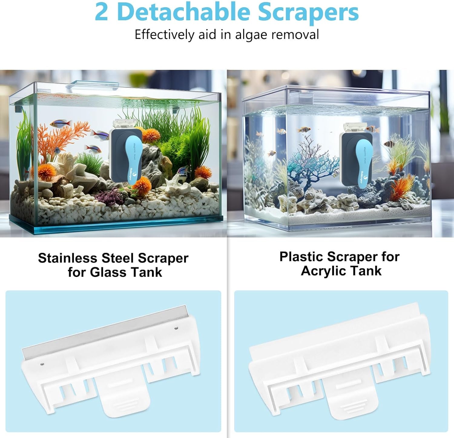 Aquarium Magnetic Glass Cleaner, Fish Tank Algae Cleaning Tool | Magnet with Algae Scraper for Glass Aquariums Tank, Floating Scrubber Brush, 2 Detachable Scrapers, Small
