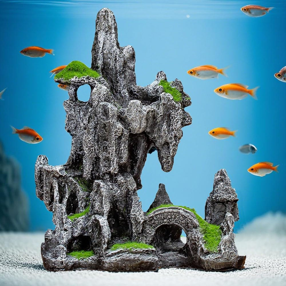 Aquarium Mountain View Ornaments, Large Fish Tank Rock Landscaping Decorations, Tree Hole Bridge Bridge Aquarium Decoration (6.69X3.54X8.26Inch-L)