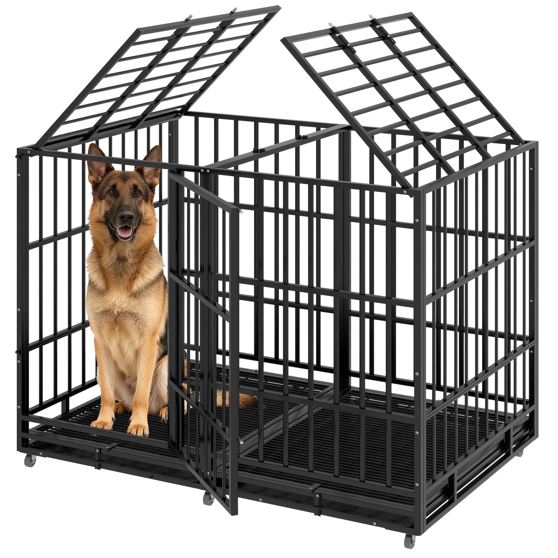 54 Inch Heavy Duty Indestructible Dog Crate Steel Escape Proof Dog Cage Kennel for Medium Large Dogs Indoor Double Door High Anxiety Dog Crate with Wheels, Lock& Removable Tray, Black