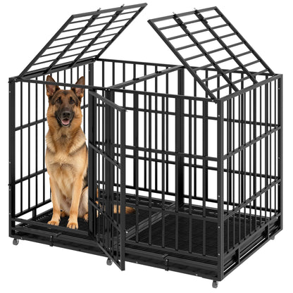 54 Inch Heavy Duty Indestructible Dog Crate Steel Escape Proof Dog Cage Kennel for Medium Large Dogs Indoor Double Door High Anxiety Dog Crate with Wheels, Lock& Removable Tray, Black