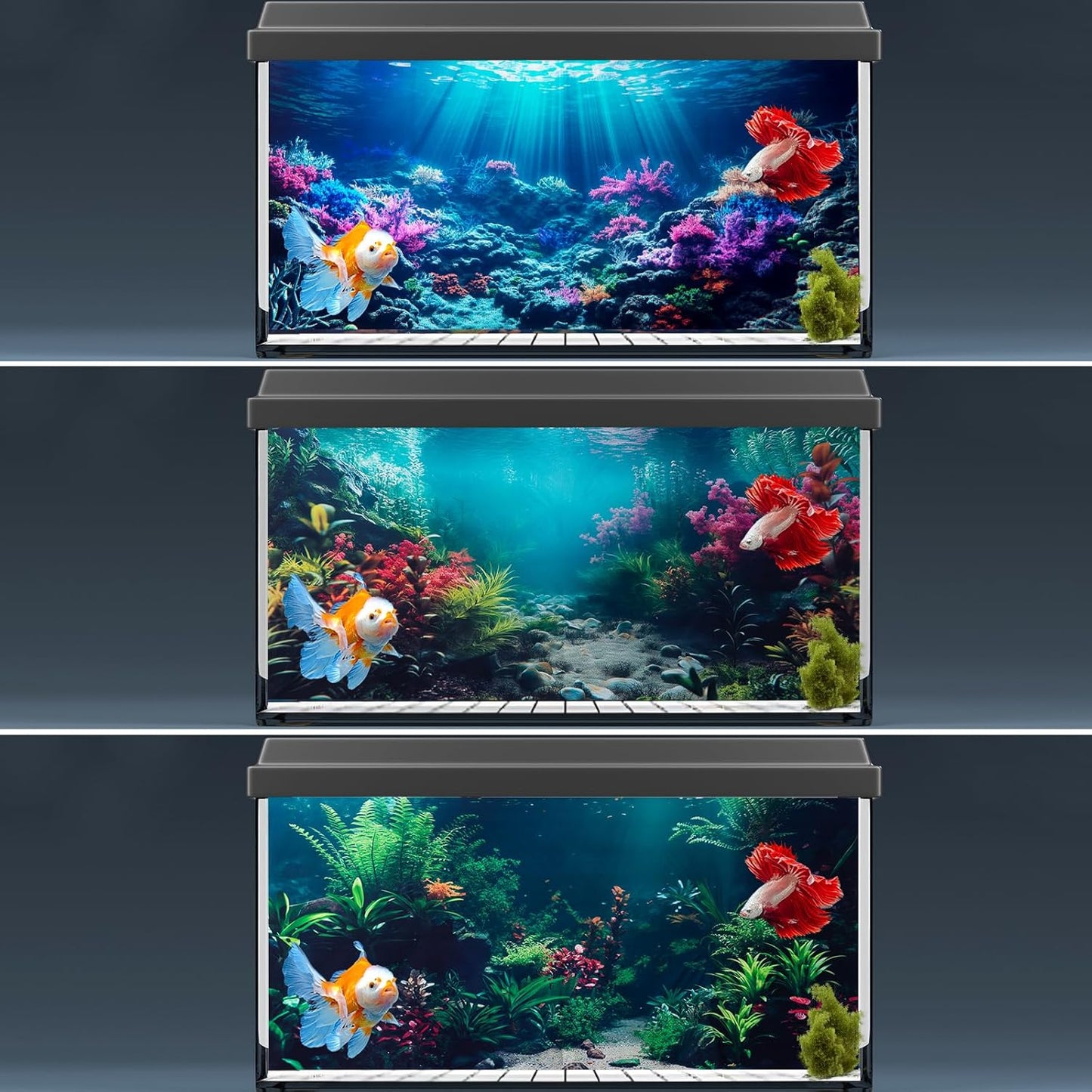 3 Pack Aquarium Background, 48X18 Inch Polyester Aquarium Background | Cloth Fish Tank Background, Undersea Corals Sunshines & Rock Aquatic Plants, Backgrounds for Fish Tank