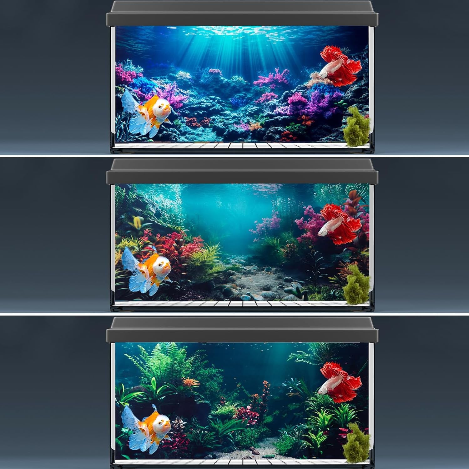 3 Pack Aquarium Background, 48X18 Inch Polyester Aquarium Background | Cloth Fish Tank Background, Undersea Corals Sunshines & Rock Aquatic Plants, Backgrounds for Fish Tank
