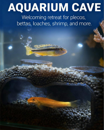 Dual-Entrance Rock-Texture Cave – Fish Tank Decor & Aquarium Cave with 2 Tunnels, Pleco Cave 6×3.4×2.3In