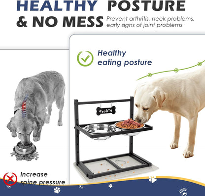 Elevated Dog Bowls with Slow Feeder, 5 Adjustable Heights, Anti-Slip, Durable Metal Frame, Spill Proof Mat, Rust-Resistant Bowls, Easy to Clean