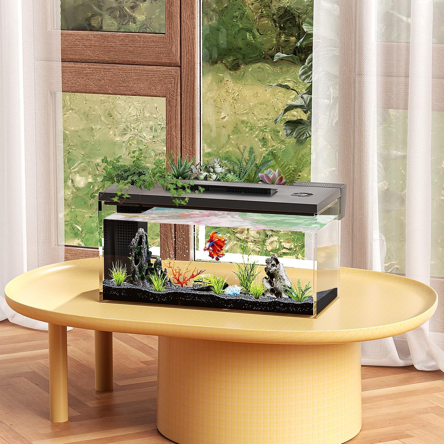 3.7 Gallon Betta Fish Tank Self Cleaning,Smart Aquarium Aquarium Kit with Filter Light Water Pump (Black)