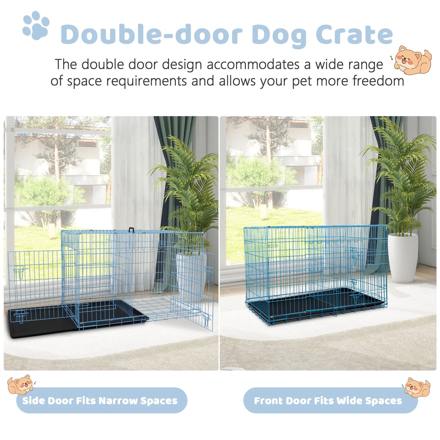 48 Inch Dog Crate, Dog Crates and Kennels Foldable Large Dog Crate for Large Dogs with Handle Double-Door Outdoor Metal Wire Dog Cage with Plastic Tray for Medium Dogs, Blue