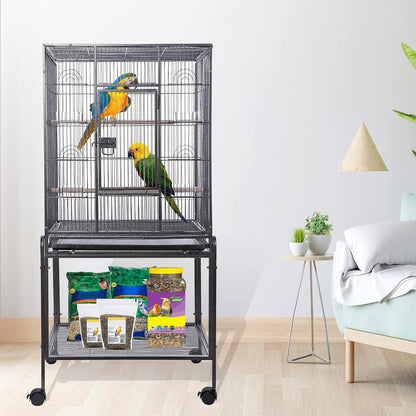 53 Inch Wrought Iron Large Bird Flight Cage with Rolling Stand | Bird Flight Cage Casters, Slide-Out Tray for African Grey Parrot Parakeets Canaries Parrot Cockatiels Lovebirds Conures