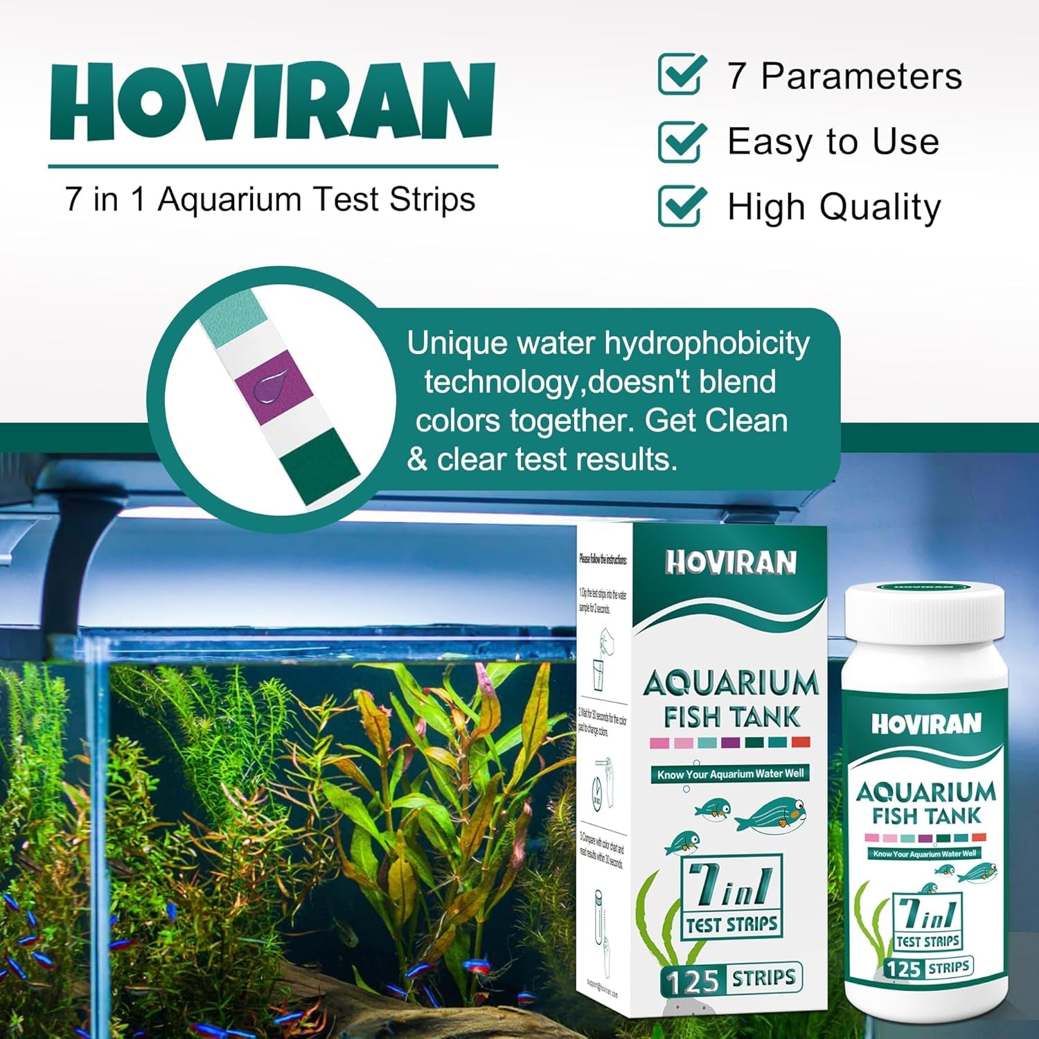 7 Way Aquarium Test Strips, 125 Strips for Fish Tank & Pond Test Kit | Freshwater Saltwater Water Testing Kit Aquarium for Chlorine, Total Hardness, Carbonate, Alkalinity, Nitrate, Nitrite and Ph
