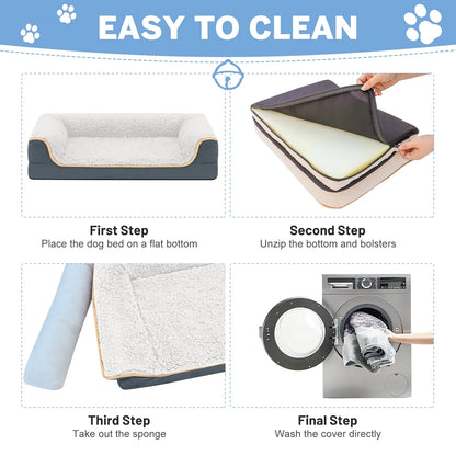 Dog Bed for Large Medium Small Dogs Orthopedic Dog Sofa Bed Non Slip Pet Couch with Removable Washable Cover Supportive Egg Crate Foam S to XL, White and Gray