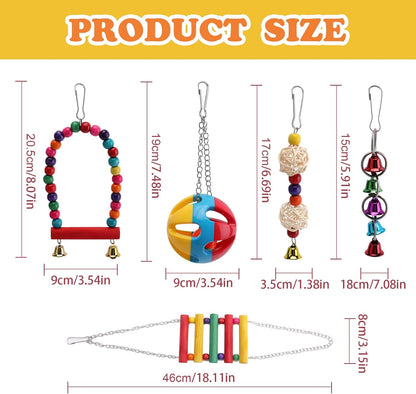 5 in 1 Bird Parakeet Toys, Detachable Birdie Perches Platform Swing with Climbing Ladder, Parrot Cage Stand Accessories, Wooden Playing Gyms for Conure Cockatiel Parrot, Bird Wooden Playground