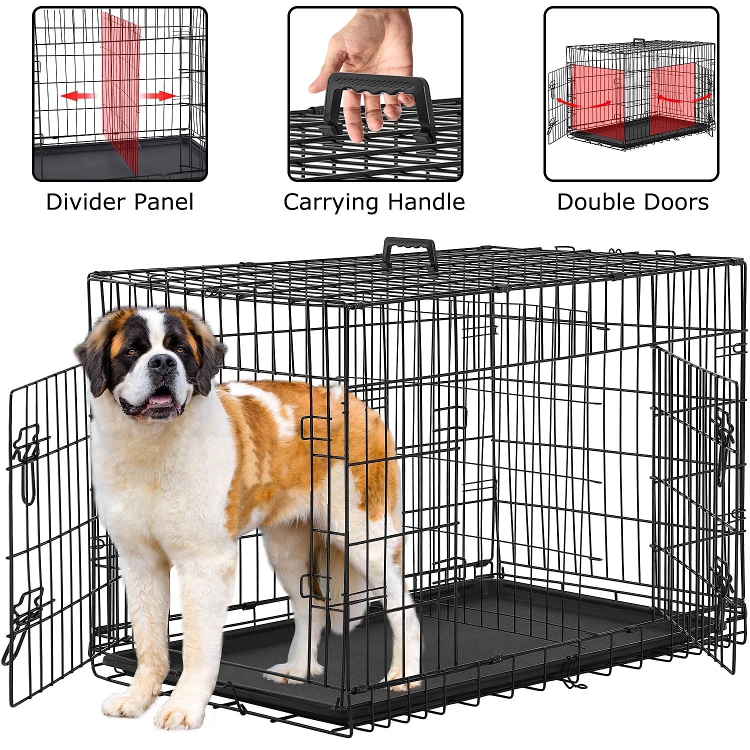 36 Inch Dog Crate, Dog Crates and Kennels Foldable Large Dog Crate for Large Dogs with Handle Double-Door Outdoor Metal Wire Dog Cage with Plastic Tray for Medium Dogs, Black