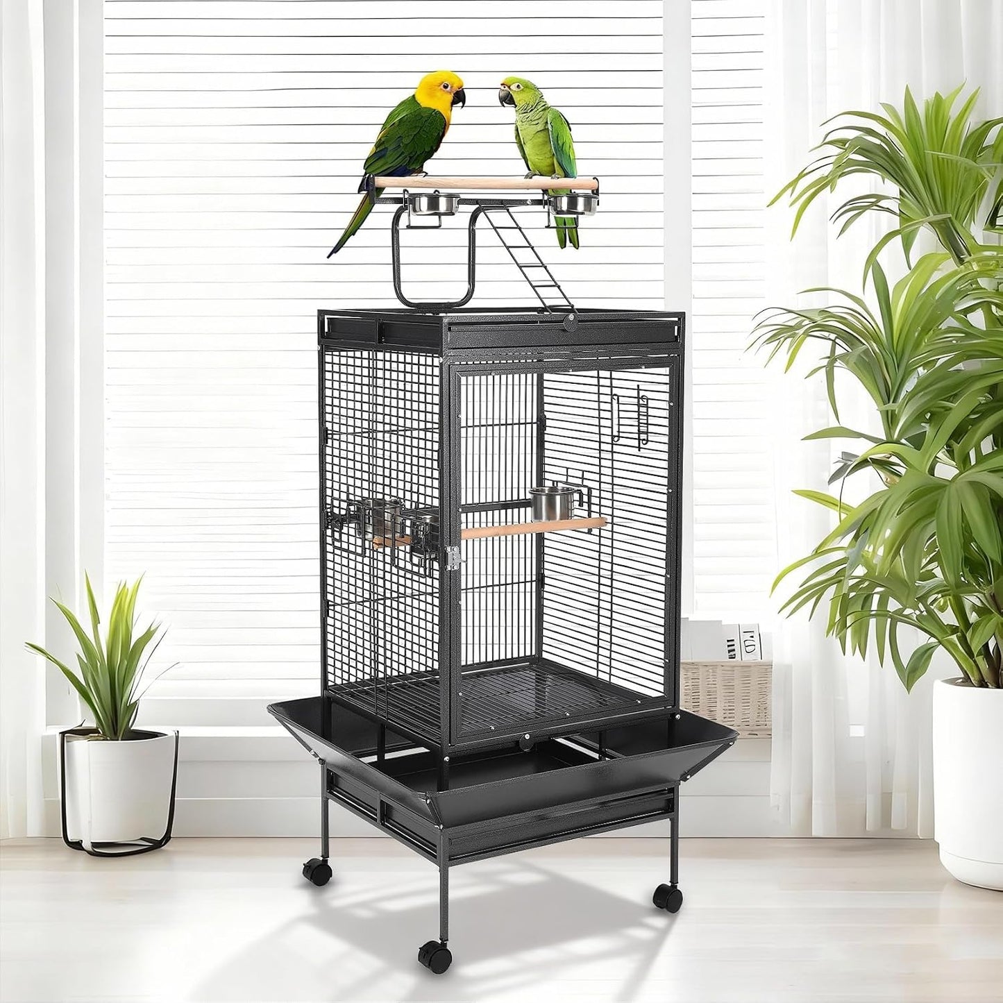64.4” Large Parrot Cage for Birds, Heavy Duty Metal Aviary with Acrylic Door, Stainless Steel Bowls, 360° Wheels & Play Top for Cockatoos, African Greys (Black)