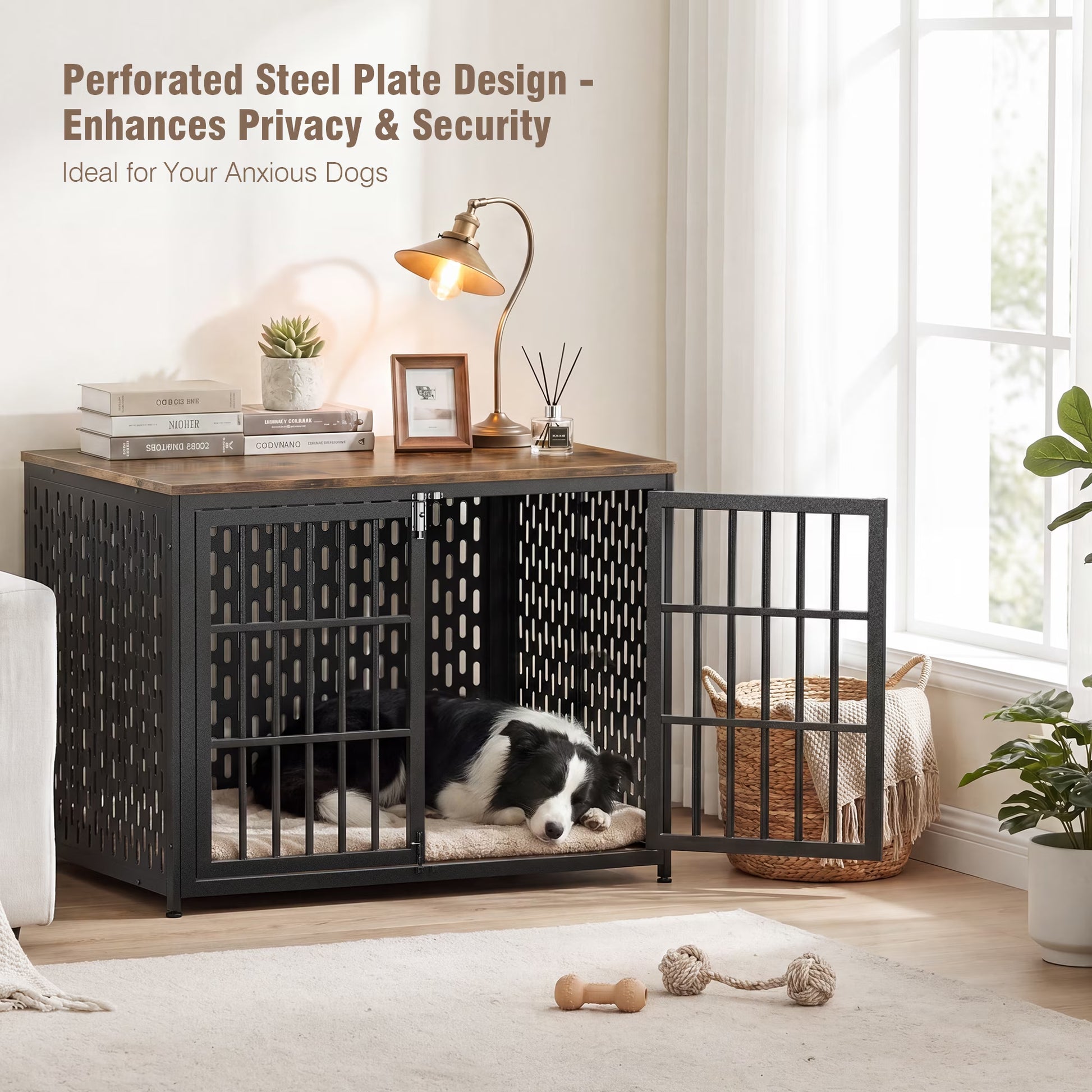 42" Dog Crate Furniture, Heavy-Duty Metal Dog House, Decorative Pet House That Doubles as an Indoor Side Table, Antique Black