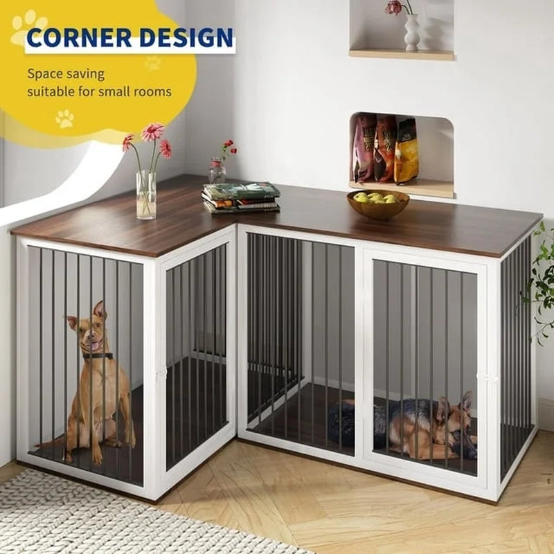 Large Dog Crate Furniture for 2 Dogs, 80.7" Large Dog Kennel Furniture with Dividers and Double Doors, All Steel Frame Double Dog Crate