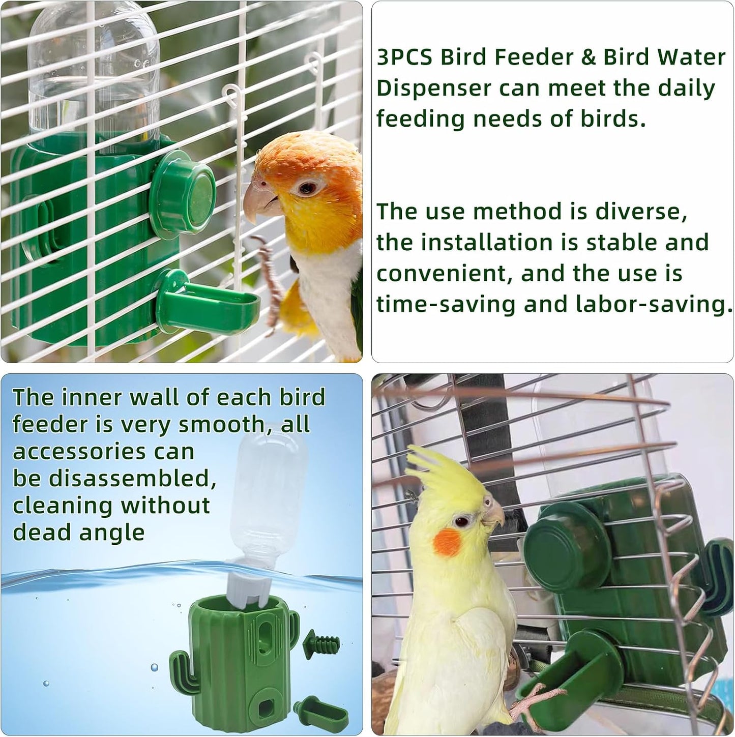 3Pcs No Mess Bird Water Dispenser Bird Cage Feeder Accessories for Parakeet | Plastic,Automatic,Installation,Washable,Detachable,With Bird Food Feeder Perch Stand,For Lovebirds Cockatiel Budgie