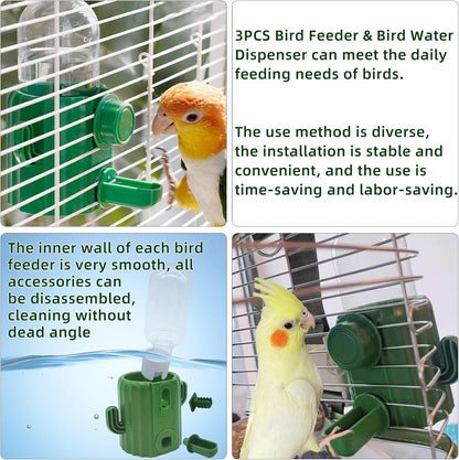 3Pcs No Mess Bird Water Dispenser Bird Cage Feeder Accessories for Parakeet | Plastic,Automatic,Installation,Washable,Detachable,With Bird Food Feeder Perch Stand,For Lovebirds Cockatiel Budgie