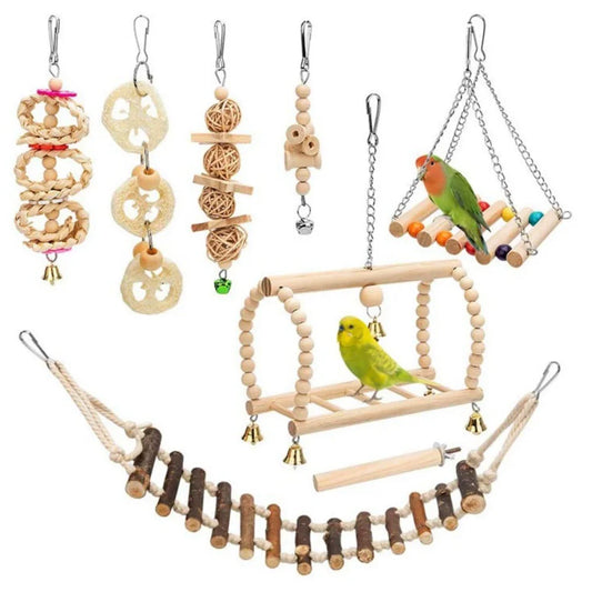 8PCS Chewing Standing Hanging Hammock Climbing Ladder Bird Cage Toys for Budgerigar, Parakeet and Other Small to Medium Birds