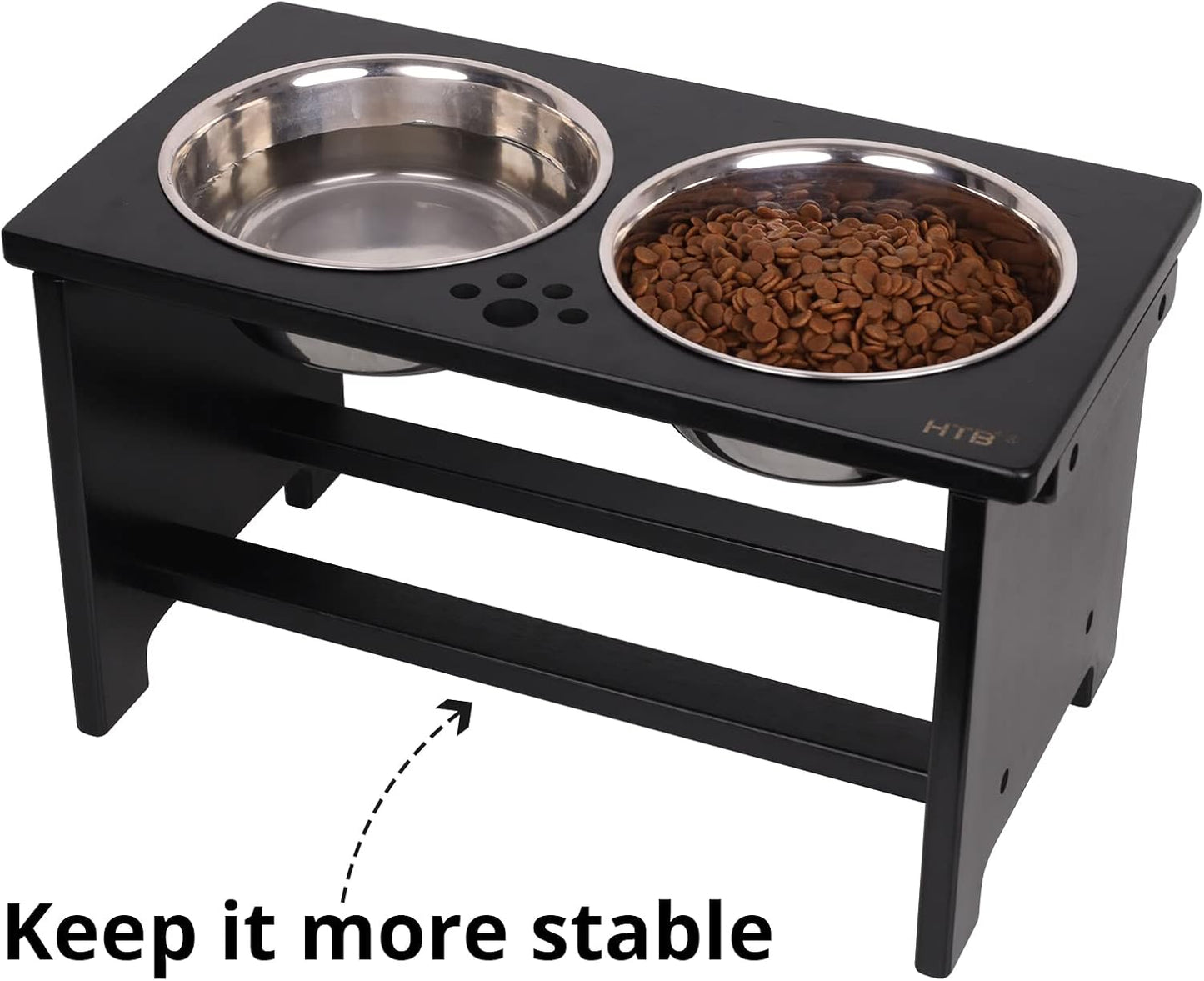 Elevated Dog Bowl Stand with 2 Stainless Steel Bowls-10 H Large Black | Raised Dog Bowl Stand, 10"Tall, 48 Oz Bowls, for Large Sized Dogs, Pet-Safe, Solid Bamboo