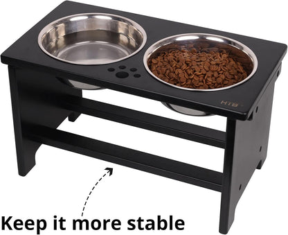 Elevated Dog Bowl Stand with 2 Stainless Steel Bowls-10 H Large Black | Raised Dog Bowl Stand, 10"Tall, 48 Oz Bowls, for Large Sized Dogs, Pet-Safe, Solid Bamboo