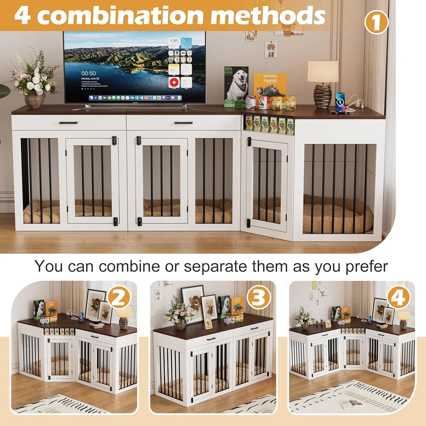 L-Shaped Corner Dog Crate Furniture Large Breed, 3 in 1 Corner Dog Crate Furniture, Wooden Dog Crate Kennel with 2Drawers,Divider,Power Outlet for Small,Medium,Large Dogs