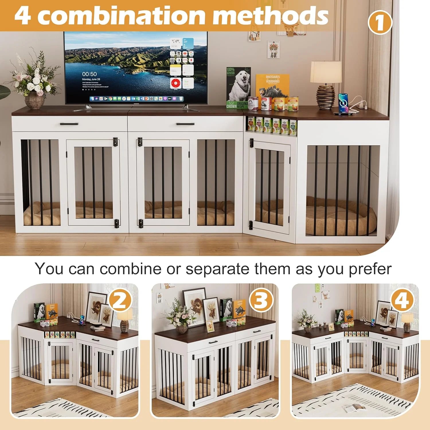 L-Shaped Corner Dog Crate Furniture Large Breed, 3 in 1 Corner Dog Crate Furniture, Wooden Dog Crate Kennel with 2Drawers,Divider,Power Outlet for Small,Medium,Large Dogs