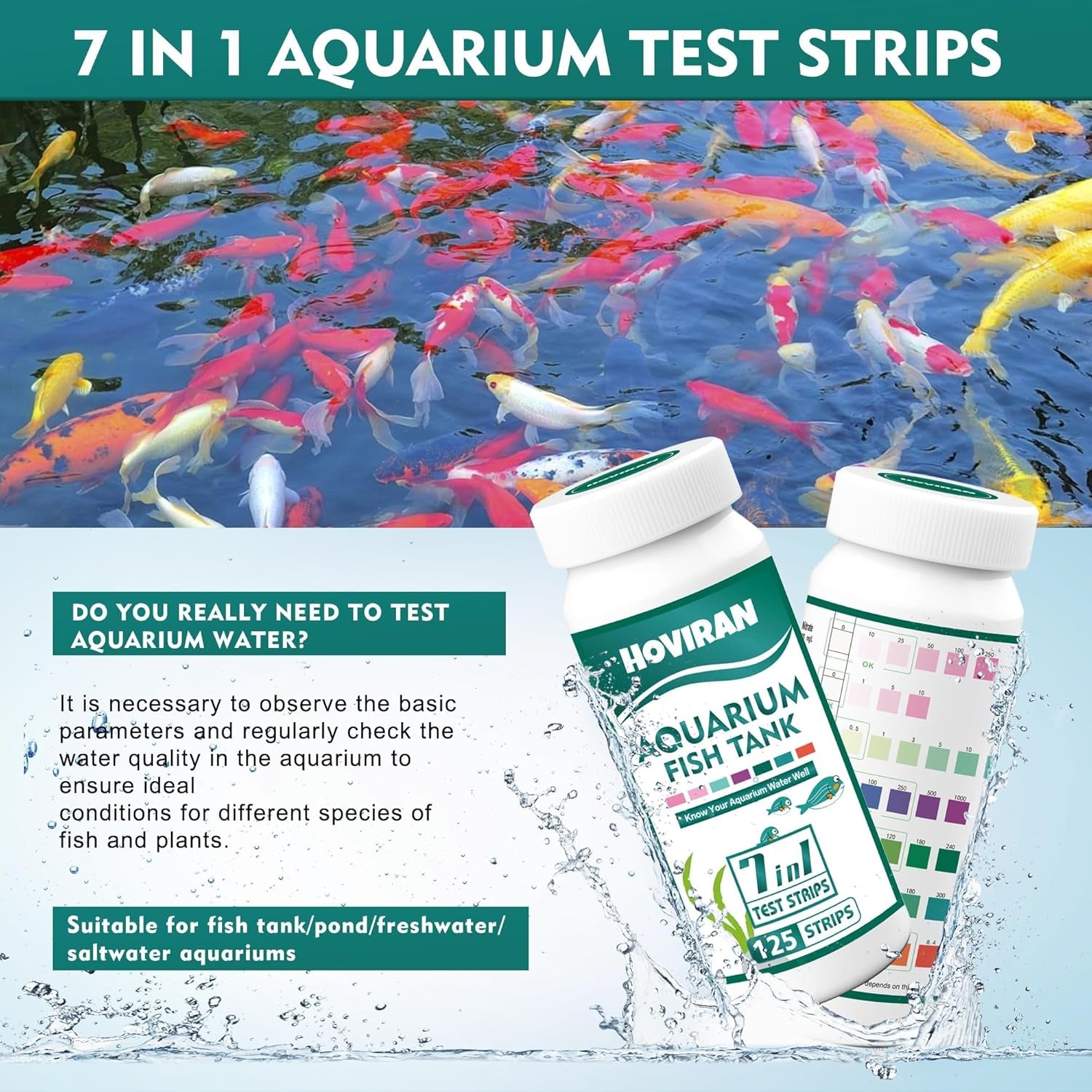 7 Way Aquarium Test Strips, 125 Strips for Fish Tank & Pond Test Kit | Freshwater Saltwater Water Testing Kit Aquarium for Chlorine, Total Hardness, Carbonate, Alkalinity, Nitrate, Nitrite and Ph