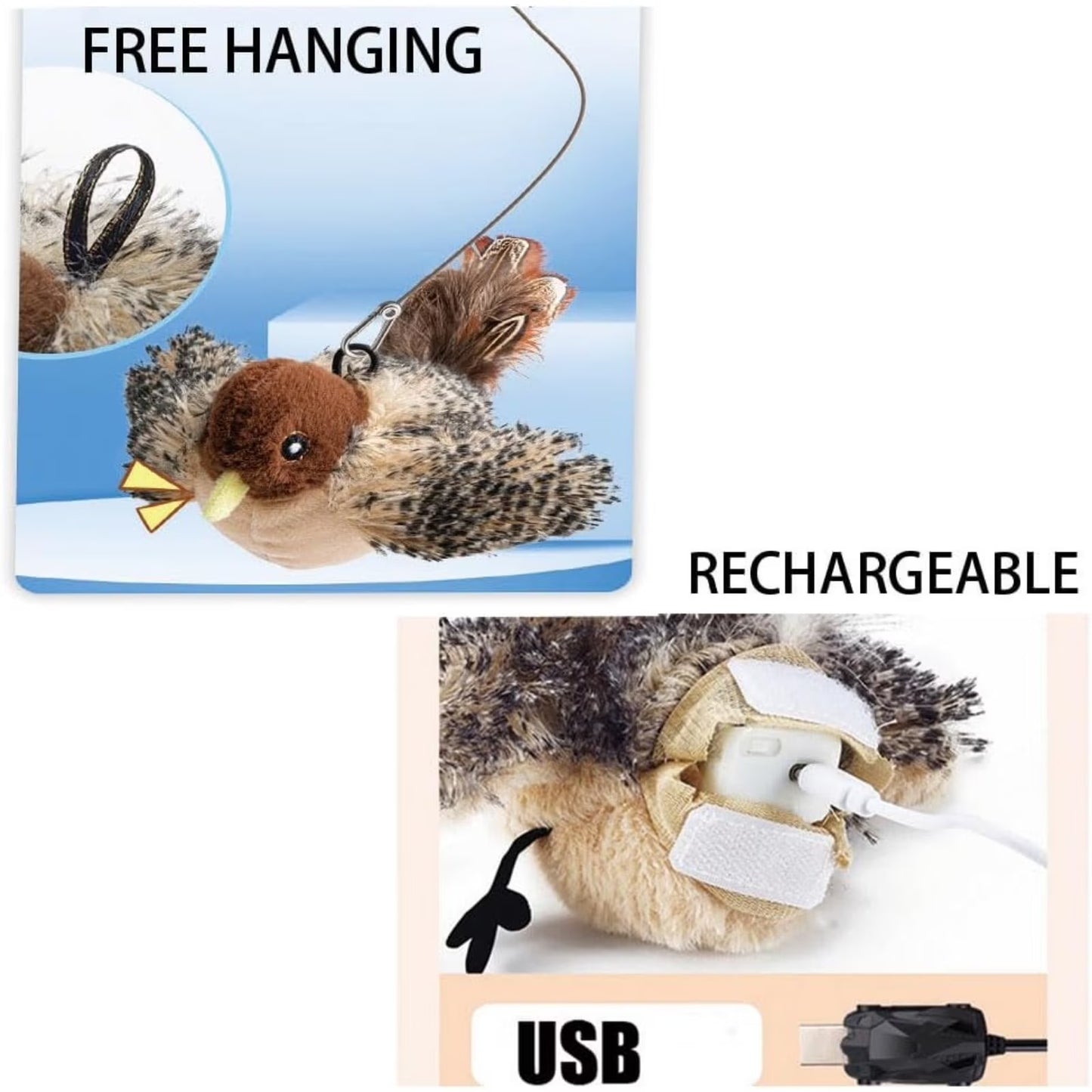 Interactive Chirping Bird Cat Toy，Automatic Chirping Flying Bird Cat Toy,Flapping Bird Cat Toy with Feather Tail,Chirping Bird Cat Toy Flapping Wings with Melody Chaser