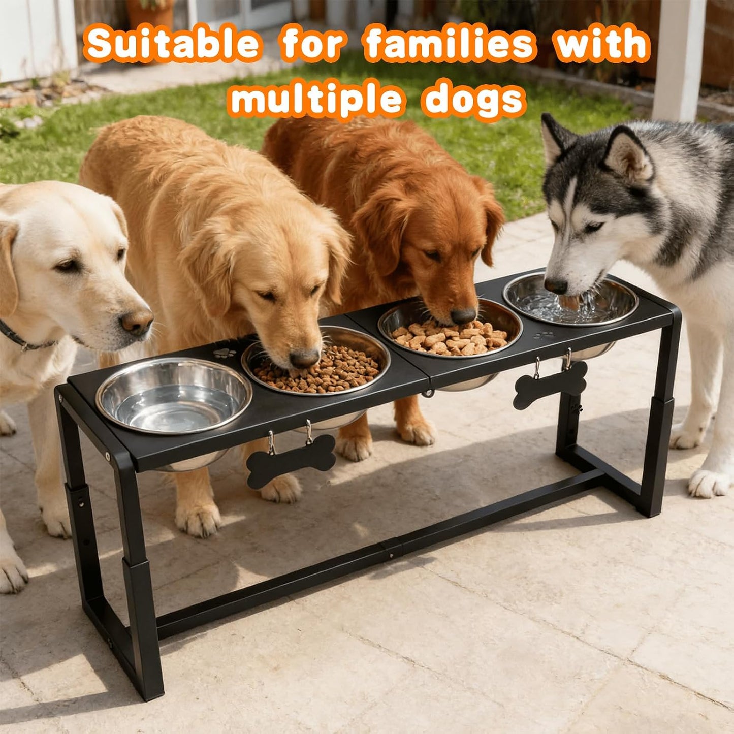 Metal Elevated Dog Bowls for Medium/Large Breed, 3 Adjustable Height(8.8"/11.5"/14") Raised Dog Bowls Stand with Four 58Oz Stainless Steel Bowls, for Neck & Joint Protection