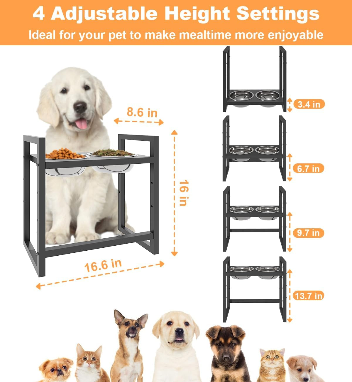 Elevated Dog Bowls Stand with 2 Stainless Steel Bowls, Black | for Large Medium Small Dogs, Adjustable Raised Dog Bowl with Non-Slip Plastic Sucker for Pet