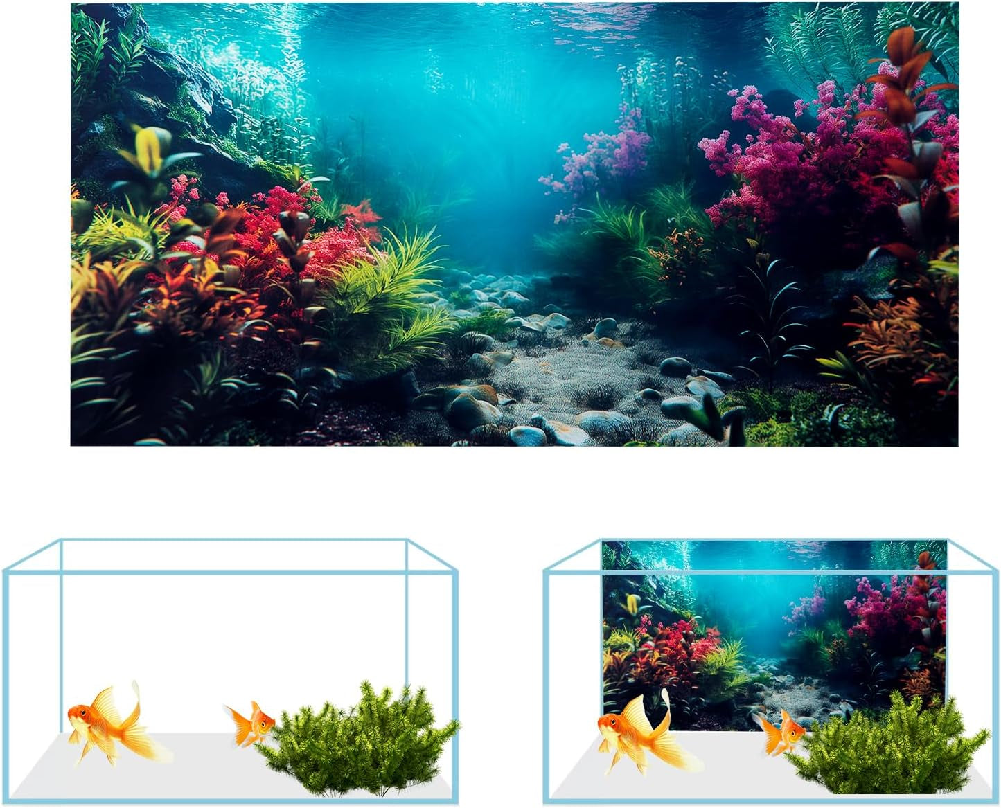 3 Pack Aquarium Background, 48X18 Inch Polyester Aquarium Background | Cloth Fish Tank Background, Undersea Corals Sunshines & Rock Aquatic Plants, Backgrounds for Fish Tank