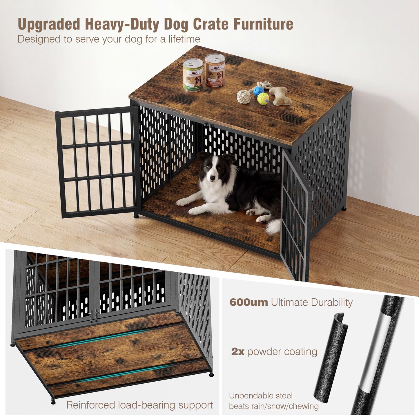 42" Dog Crate Furniture, Heavy-Duty Metal Dog House, Decorative Pet House That Doubles as an Indoor Side Table, Antique Black