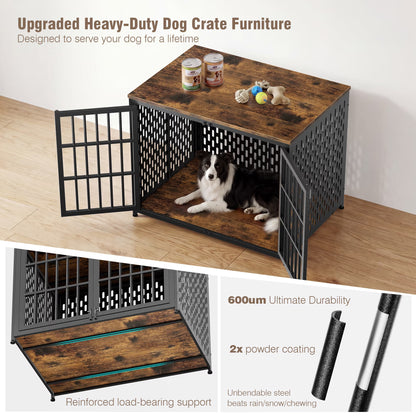 42" Dog Crate Furniture, Heavy-Duty Metal Dog House, Decorative Pet House That Doubles as an Indoor Side Table, Antique Black