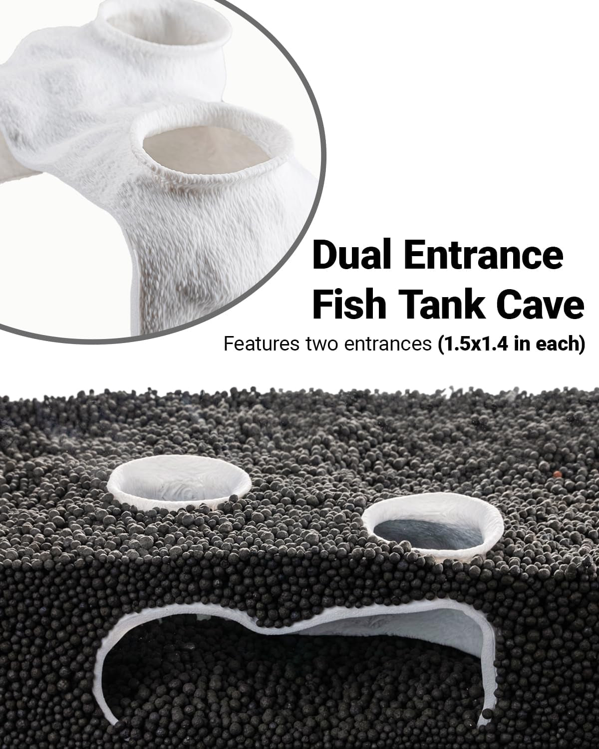 Dual-Entrance Rock-Texture Cave – Fish Tank Shelter & Aquarium Decor with 2 Tunnels, 6×3.4×2.3In (White)