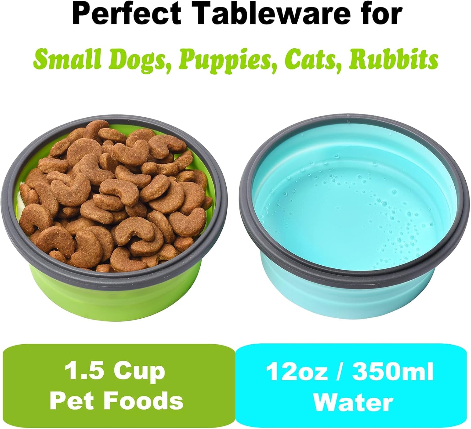 Collapsible Dog Bowls with Lids, 2 Pack Travel Dog Bowls for Small Size Dogs, Silicone Portable Dog Food Bowls Water Cup Cat Bowls Dish for Camping Traveling Walking, 12 Oz 350Ml