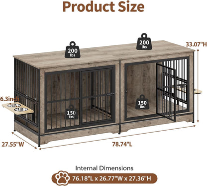 78 Double Dog Crate Furniture for 2 Large Dogs Indoor, Wooden Furniture Dog Crates with Dog Bowl, Dog Kennel Furniture TV Stand Large Breed Grey