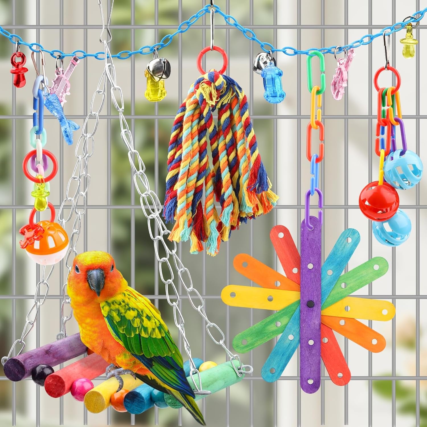 9 Pcs Parakeet Cockatiel Bird Toys, Parrots Cage Accessories Swing Rope Hanging Wooden Perch Chewing Toy for Budgerigar, Parrot, Cockatiel