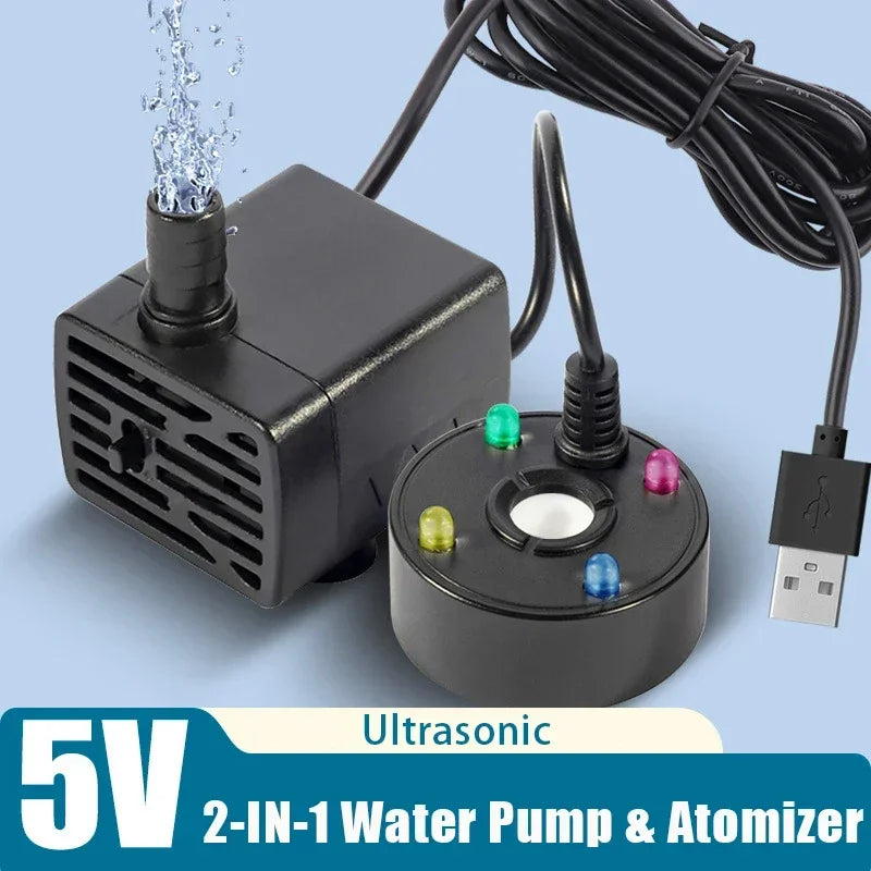 2-IN-1 USB 5V Water Pump Ultrasonic Atomizer Mist Maker Fogger for Pond Garden Rockery Fountain Fish Tank Landscaping Humidifier